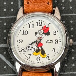 Lorus Quartz Disney Minnie Mouse White Dial Brown Leather Strap Ladies Watch
